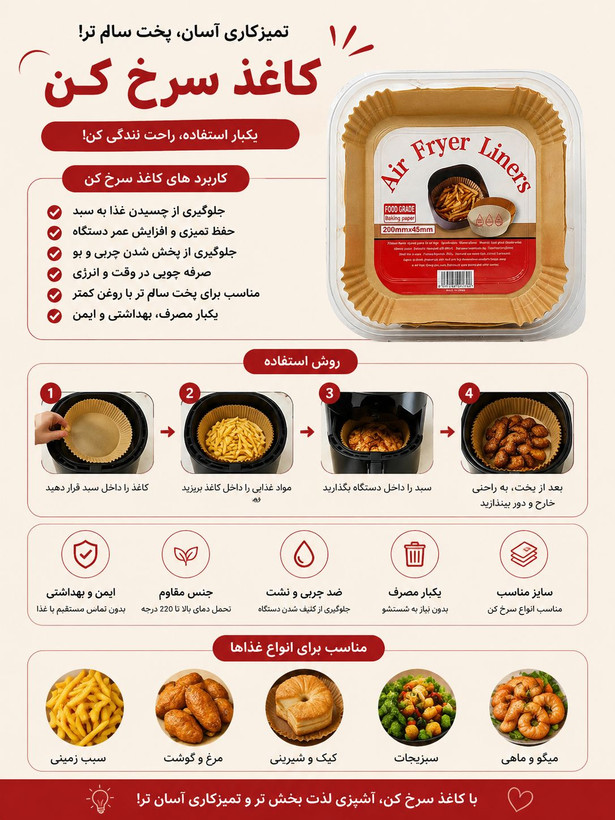 کاغذ سرخکن بدون روغن | کاغذ مخصوص ایرفرایر و فر – بسته ۵۰ عددی